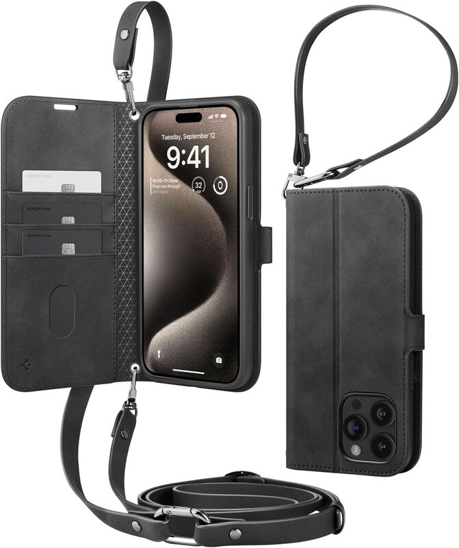 Spigen iPhone 15 Pro case cover Wallet S Pro Premium Leather with Wrist Strap/ Body Strap - Black